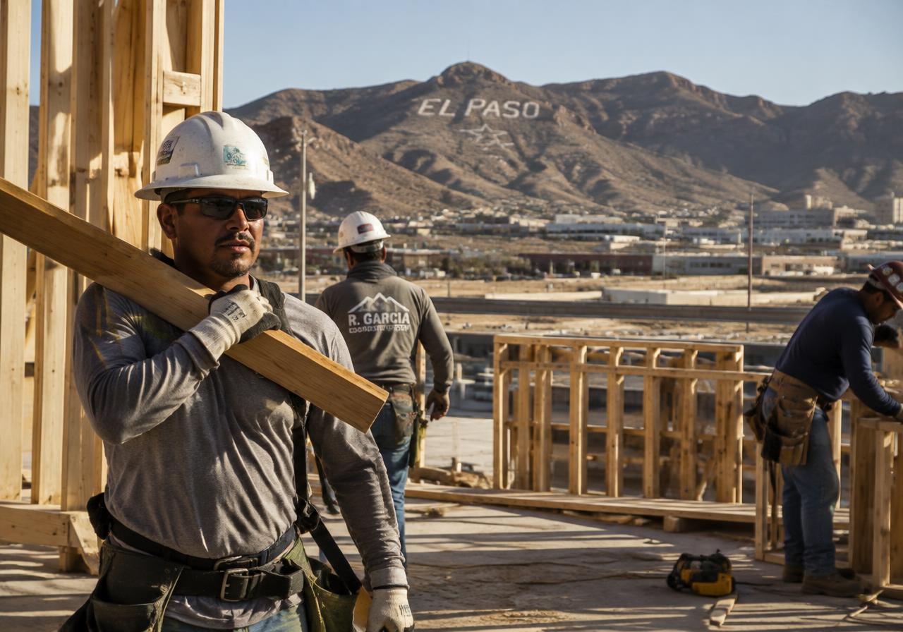 Construction crew framing a building on an El Paso job site