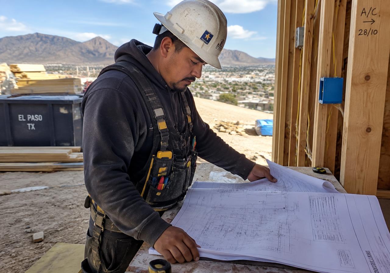 Tradesman reviewing plans on an El Paso residential job site